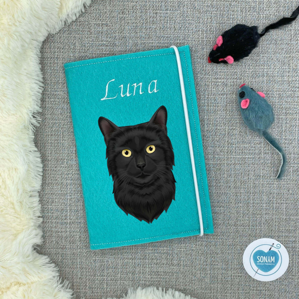 Impfpasshülle Katze Designbeispiel türkis hell für die schwarze Katze